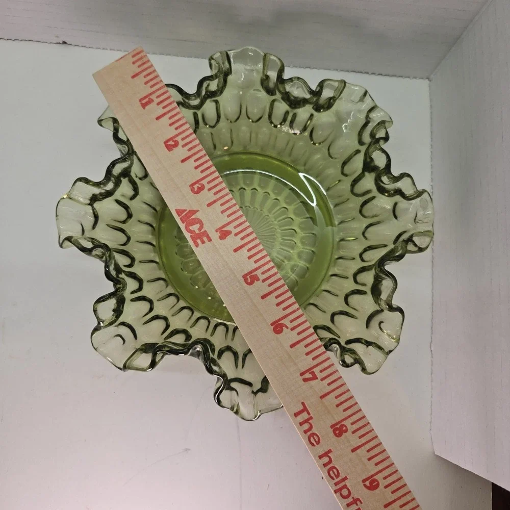 Vintage Fenton Glass Candy Dish Bowl Base Avocado Thumbprint Ruffle‎ Rim 8